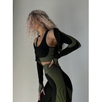 Комплект трійка з фактурної тканини легінси без пуш ап топ бра з чашками і кроп рашгард на змійці чорний з зеленим