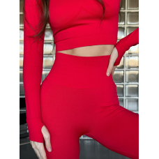 Безшовний комплект спортивний лосини з подвійним push up і топ лонгслів без чашок червоний Rise