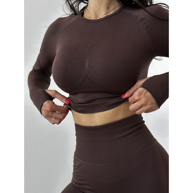 Безшовний комплект спортивний лосини з подвійним push up і топ лонгслів без чашок коречневий кавовий Rise