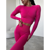 Безшовний комплект спортивний лосини з подвійним push up і топ лонгслів без чашок рожевий малиновий Rise