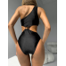 Суцільний чорний базовий монокіні купальник з вирізами та високою талією Суцільний чорний базовий монокіні купальник з вирізами та високою талією