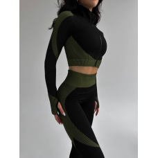 Спортивні лосини жіночі фактурні подвійний колір чорні з зеленим