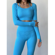 Push up комплект в рубчик подовжений топ з довгим рукавом і легінси блакитний