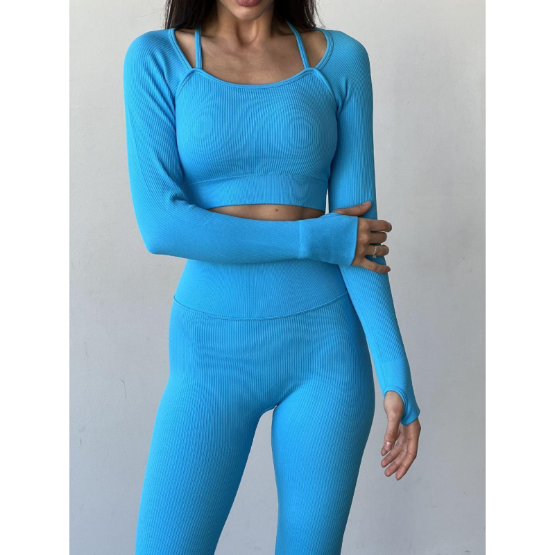 Push up комплект в рубчик подовжений топ з довгим рукавом і легінси блакитний