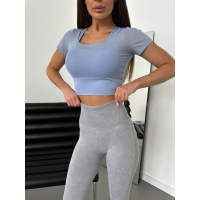 Кроп топ-футболка сітка з пушап колір сіро-блакитний