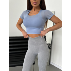 Кроп топ-футболка сітка з пушап колір сіро-блакитний