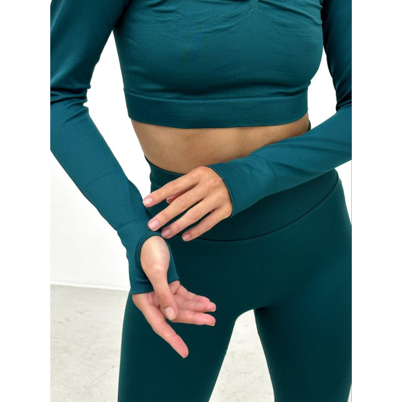 Безшовний комплект спортивний легінси і топ лонгслів смарагдовий